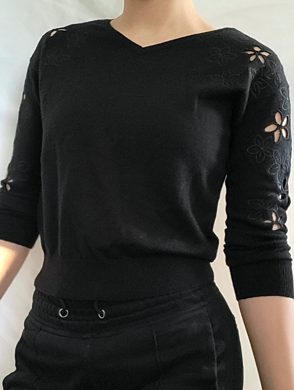 Rirandture Flower Embroidered Sleeve Cutout V Neck Crop Long Sleeve Top